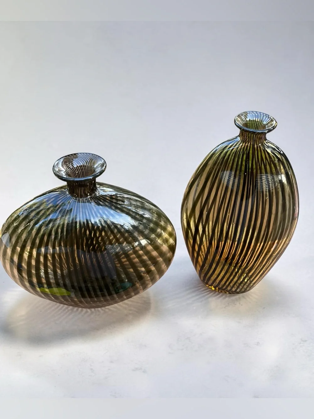 Art Deco style Amber Black stinger Stripe Sculptural Glass Vases Set of 2